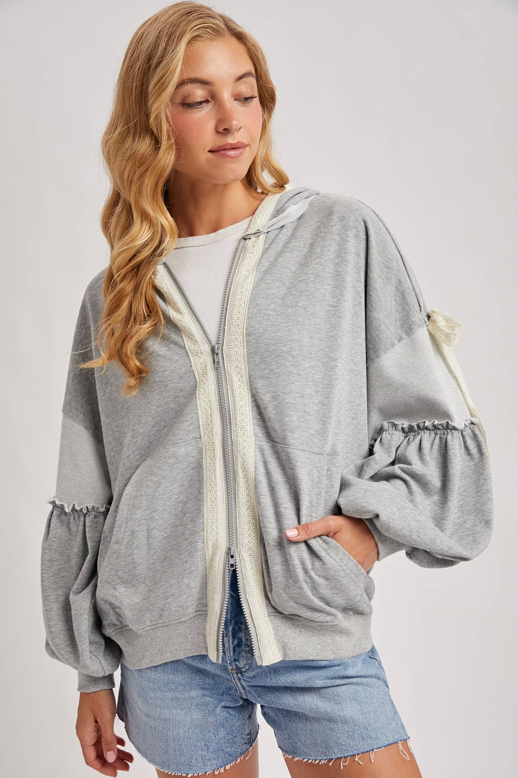 Lace-Trimmed Balloon Sleeve Zip Hoodie