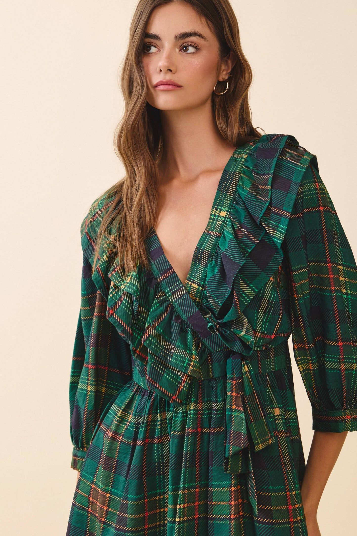Plaid Ruffle-Trim Wrap Dress