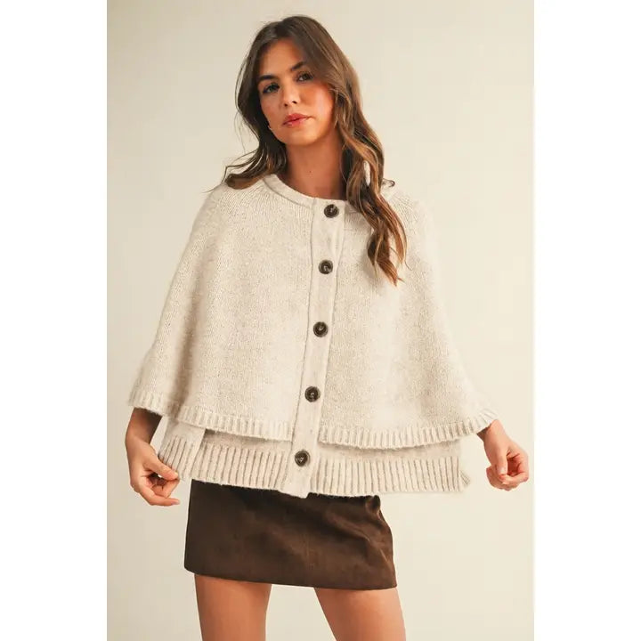 Ivory Button-Front Knit Cape
