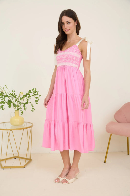 Embroidered Ribbon Tie Dress