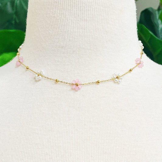 Pearl & Glass Bead Flower Necklace