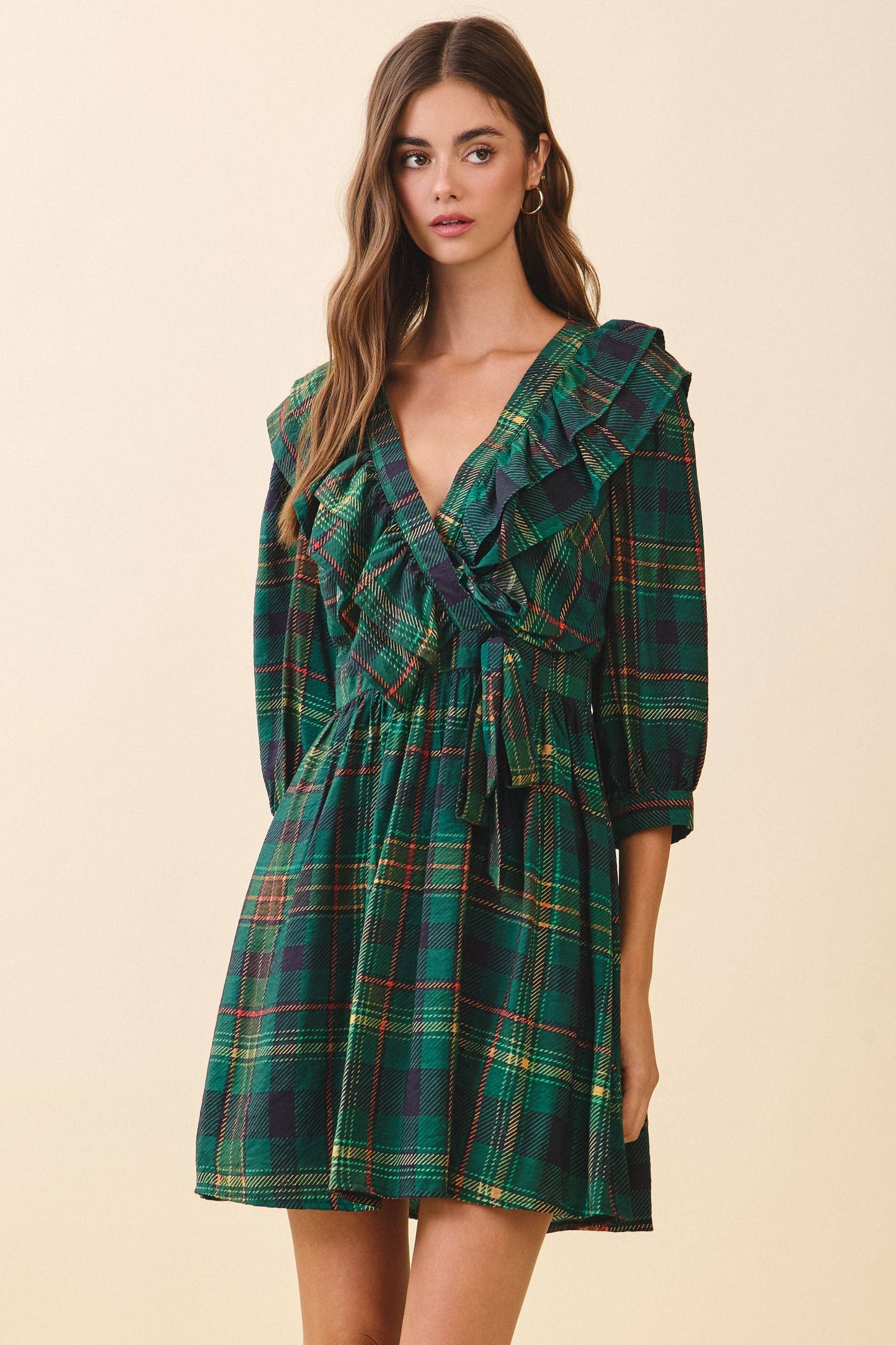 Plaid Ruffle-Trim Wrap Dress