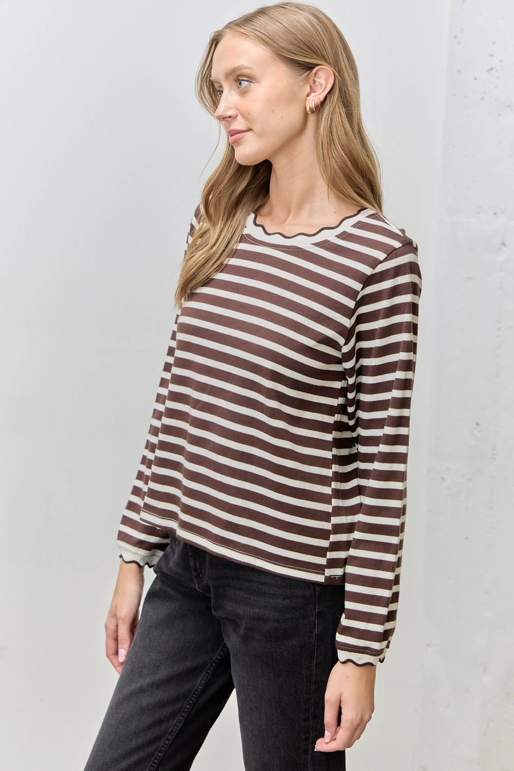 Scalloped Stripe Sweater Top