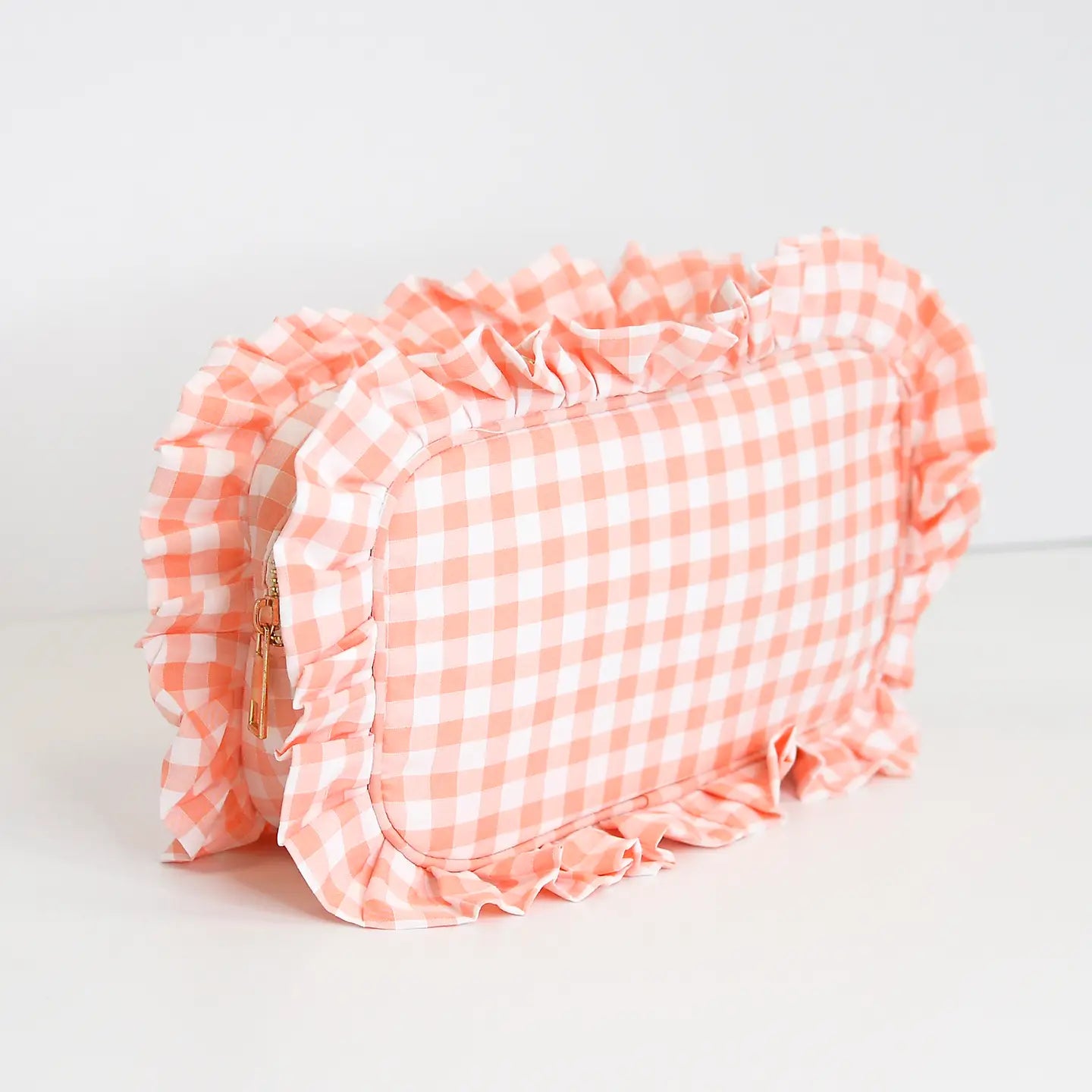 Gingham Ruffle Pouch I Peach