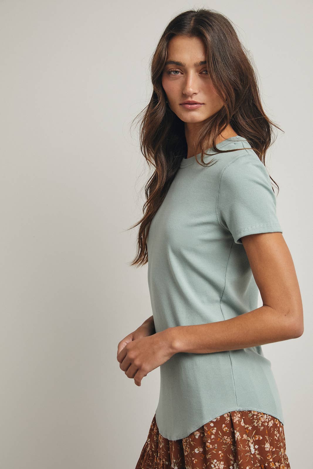 Ribbed Knit Basic Tee I Sage