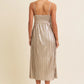 Shiny Metallic Pleated Midi Dress with Smocked Back