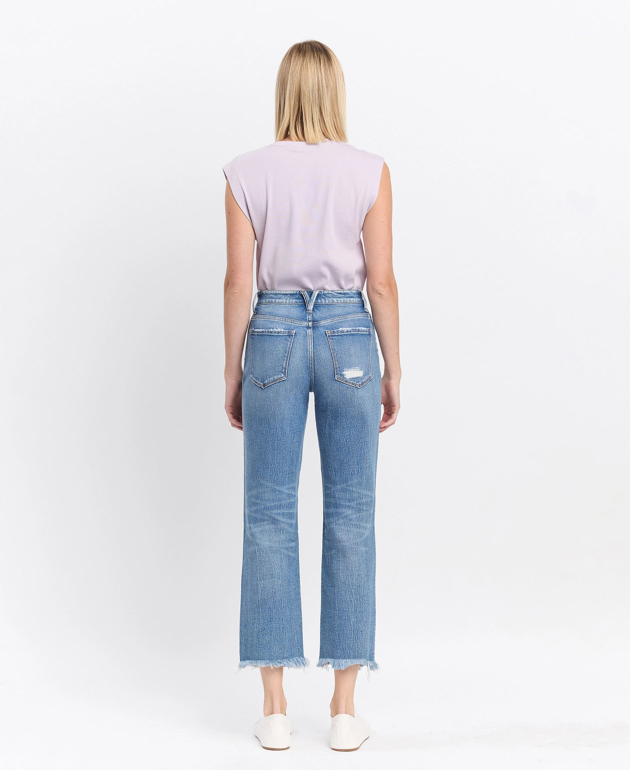 High Rise Frayed Hem Straight Jeans