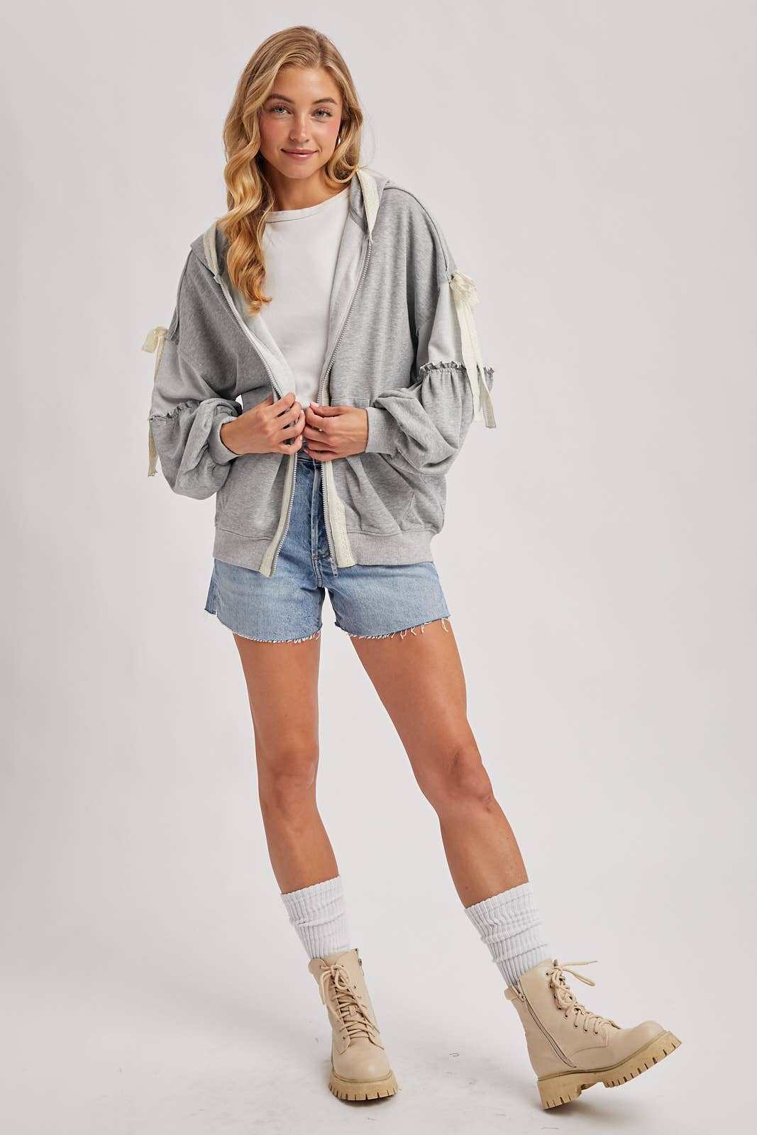 Lace-Trimmed Balloon Sleeve Zip Hoodie