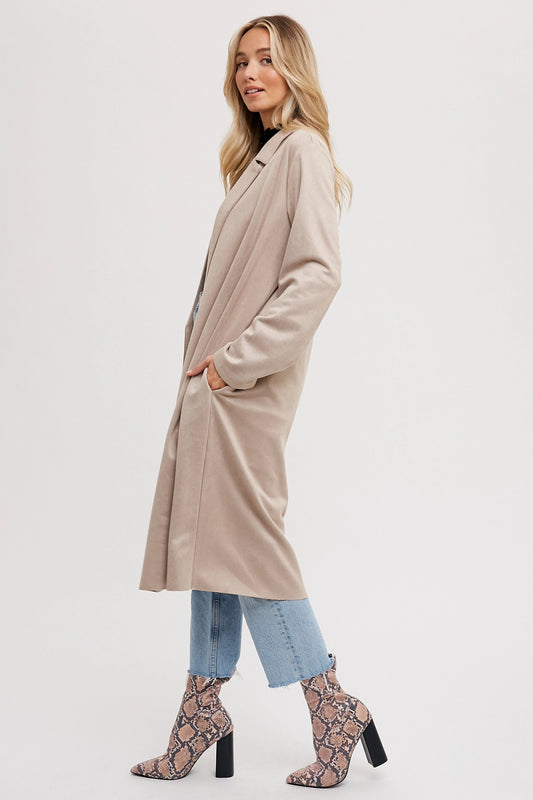 Suede Longline Open Front Coat