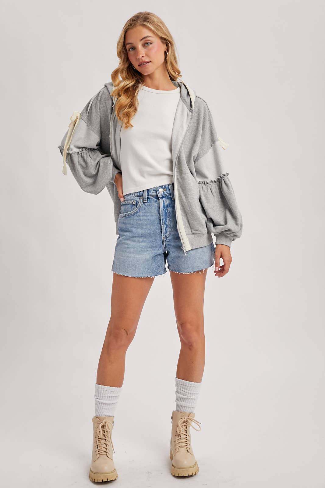 Lace-Trimmed Balloon Sleeve Zip Hoodie