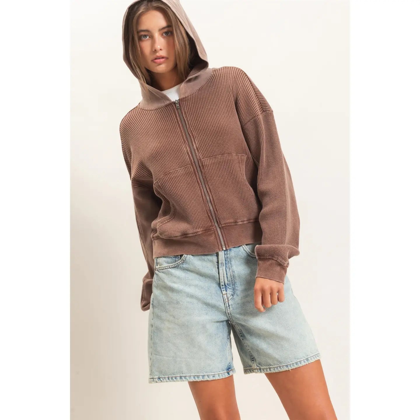 Waffle Zip-Up Hoodie I Brown