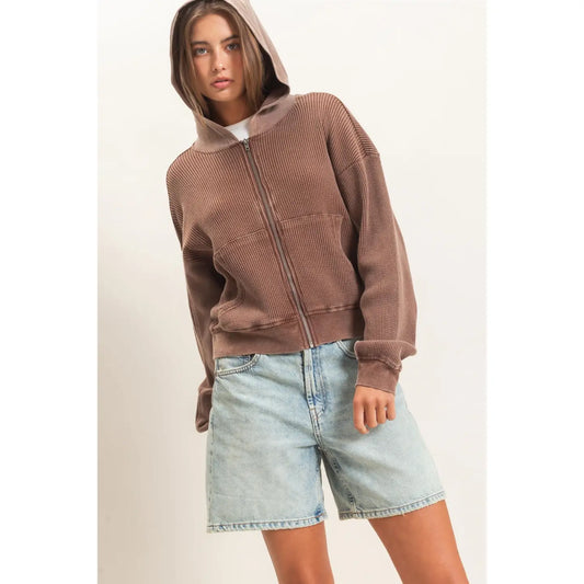 Waffle Zip-Up Hoodie I Brown