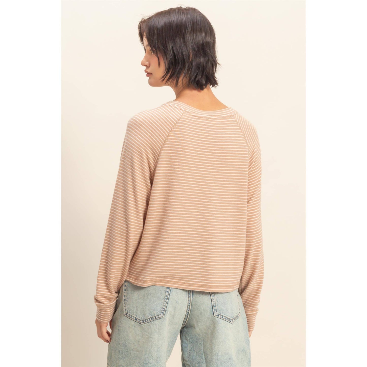 Striped Raglan Long Sleeve Top — Taupe/Cream