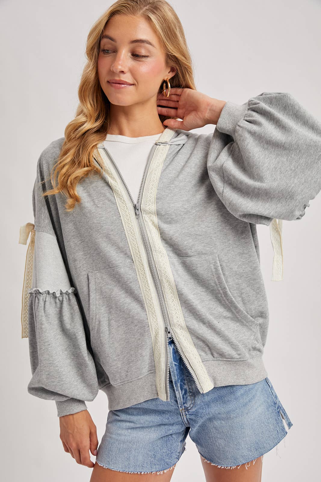 Lace-Trimmed Balloon Sleeve Zip Hoodie