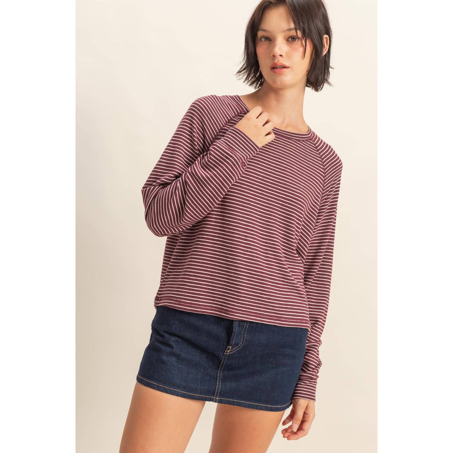 Striped Raglan Long Sleeve Top I Black/Cream