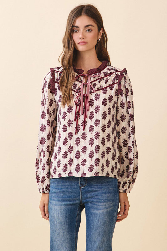 Ruffled Collar Leaf Print Blouse