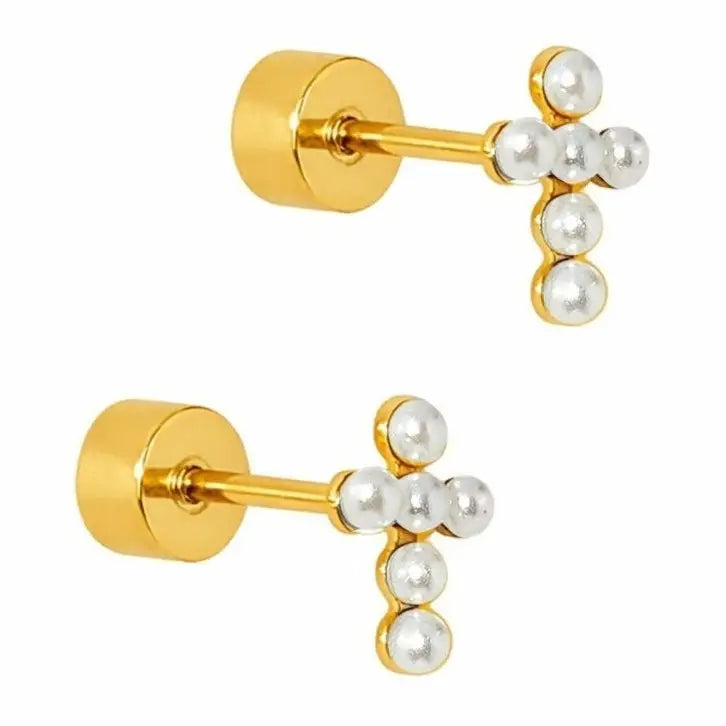 Screwback Stud Earrings - Cross Pearl