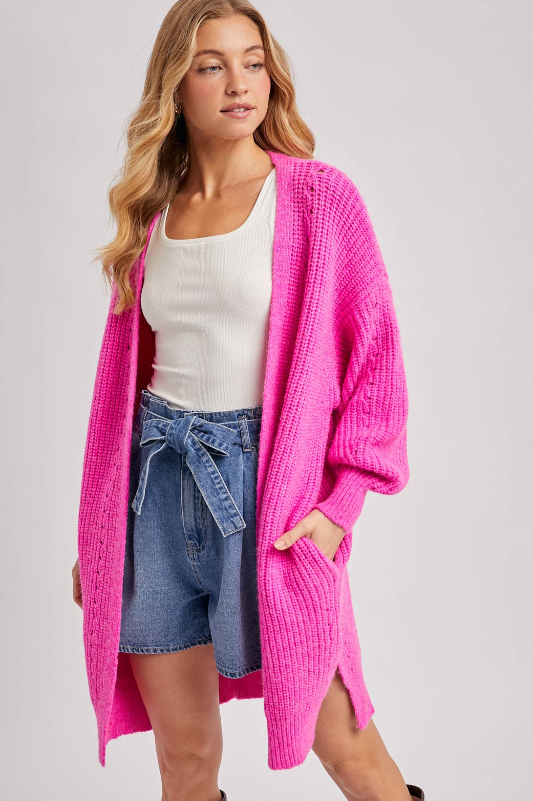 Longline Sweater Knit Cardigan – Hot Pink