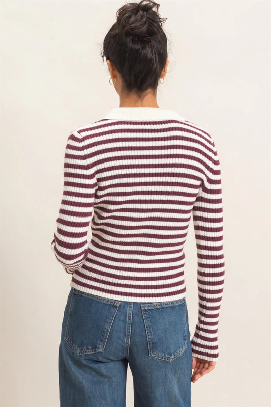 Wine & Cream Striped Cardigan