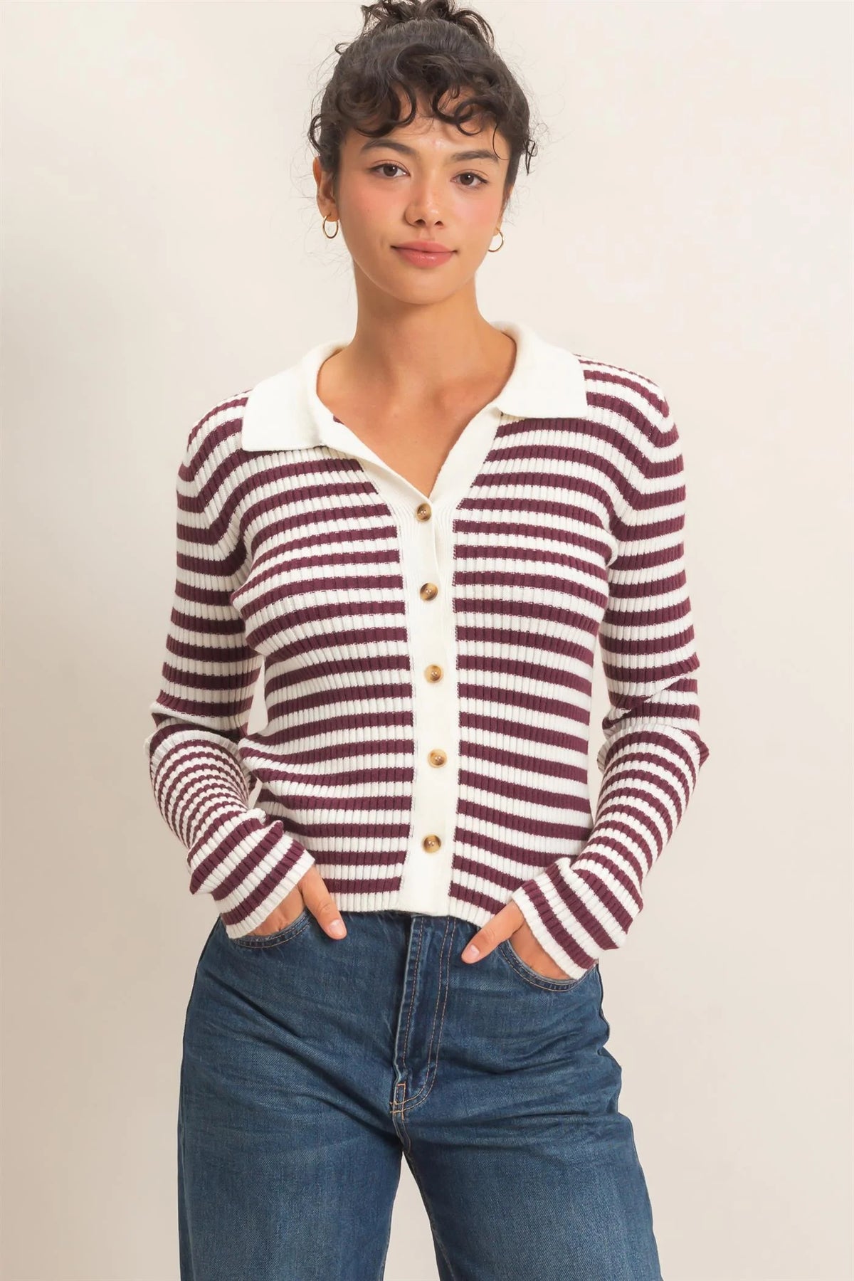 Wine & Cream Striped Cardigan