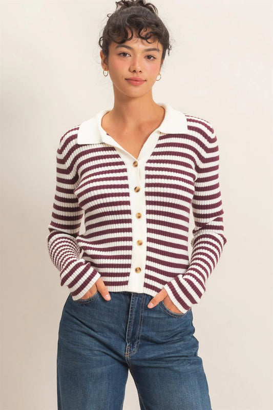 Wine & Cream Striped Cardigan